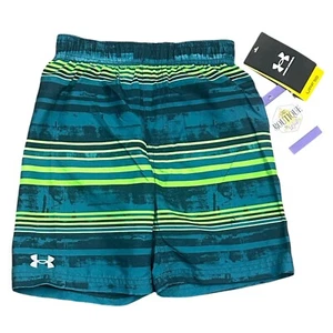 NWT Under Armour Boys UPF 50 Swim Shorts 4T Green And Blue Striped Polyester - Picture 1 of 10