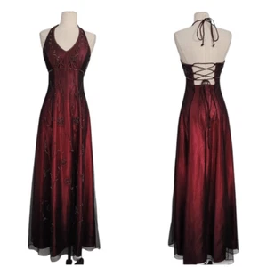 Vtg Blondie Nites Jaslene Beaded Mesh Overlay Gown Sz 5 Burgundy Halter Lace Up - Picture 1 of 12