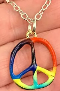Rainbow Enamel Peace Sign Gold Necklace D-778 - Picture 1 of 2