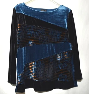 Koos of Course Blue Black Gold Floral Striped Velvet Stretch Top Plus Size 1X - Picture 1 of 7