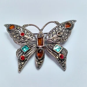 VINTAGE 925 STERLING SILVER BUTTERFLY BROOCH PIN 8g Ruby Aquamarine Garnet - Picture 1 of 8
