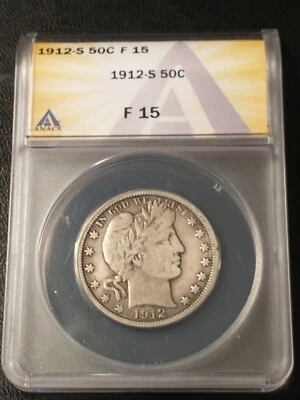1912-S Better Date Silver Barber Half Dollar, ANACS F 15 - Image 1 of 4