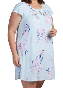 Nwt $60 Miss Elaine Blue Floral COTTONESSA Cap Sleeves SOFT Short Nightgown 2X - Picture 1 of 6
