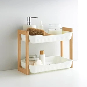 2 Tier Bamboo Bathroom Kitchen Caddy Organiser Dual Purpose Tidy Storage Rack - Picture 1 of 6