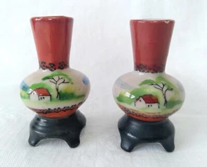 Pair 2 Vintage Mini Souvenir Pedestal Jars H. Kato Occupied Japan Landscape Blue - Picture 1 of 7