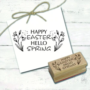 Wooden stamp Easter motif stamp Happy Easter Hello Spring flowers DIY 68x28mm - Picture 1 of 6