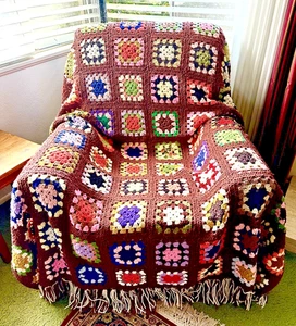 Handmade Blanket 1970s Colorful Vintage Roseanne Granny Square Wool Afghan Throw - Picture 1 of 17