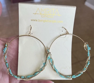 Amrita Singh Hoop Earrings Turquoise Gold Tone Boho Groovy Glam New With Tag 2” - Image 1 of 2