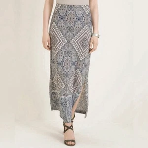 NWT $89 Chico's Blue & Neutral Printed Column Maxi Skirt Paisley Size 1 NEW! - Picture 1 of 19