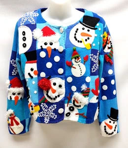 1999 Michael Simon New York Blue Block Snowman Cardigan Sweater~P/S~Has Issues - Picture 1 of 24
