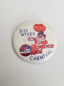 WINNIPEG JETS NHL VINTAGE LOGO "JETS WIVES GOALS FOR KIDS CARNIVAL"BUTTON. 2 IN. - Picture 1 of 3