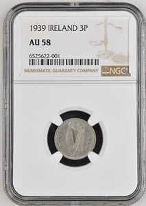 Ireland 1939 3 Pence NGC AU 58 RARE DATE SERIES KEY LOW 64k MTG - Picture 1 of 2