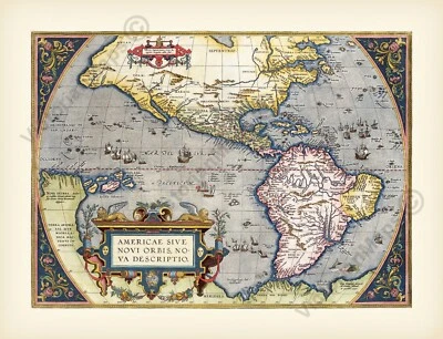 Póster impreso artístico Ortellus 1595 mapa antiguo temprano de Estados Unidos del Norte y del Sur de América Foto 1 de 4