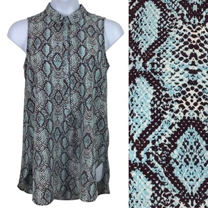 The Line Of Style Medium Tunic Top Button Front Sleeveless Collared Snake Print - Picture 1 of 7