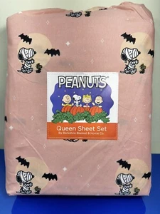 Peanuts Halloween Snoopy Woodstock Mummy Bats Moon Stars PINK Queen Sheet Set - Picture 1 of 4