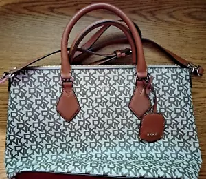 DKNY Brown Monogram Jacquard Satchel Shoulder Crossbody Large Handbag - NEW - Picture 1 of 4