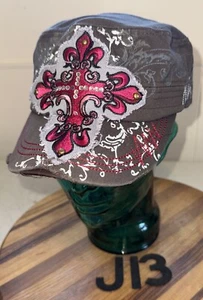 WONDERFUL WOMENS CROSS BROWN CADET HAT WITH BLING!   STRAPBACK. VGC.  J13 - Picture 1 of 3