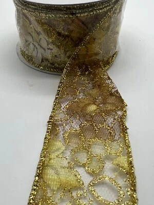 New Darice ribbon co. 2" X 10 Yds, Gold Floral Print Wired Edged Ribbon - Image 1 of 3