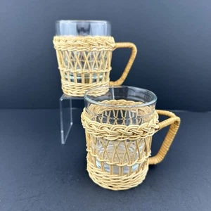 Libbey Glass Cups with Wicker Rattan Cup Holders (2) Tropical Boho Vintage - Picture 1 of 24