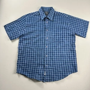 Armani Exchange Button Up Shirt Mens Large Blue Plaid Linen Blend Short Sleeve - Picture 1 of 7