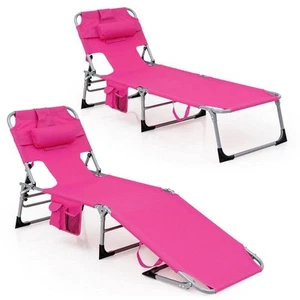 Gymax Set of 2-Beach Chaise Lounge Chair Folding Reclining Chair with Facing - Picture 1 of 9