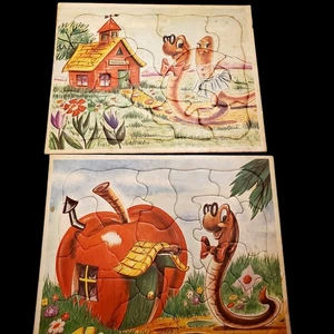 Vintage 1960s Jigsaw Puzzles 2 Screen Process Worms Go To School Apple - Picture 1 of 14