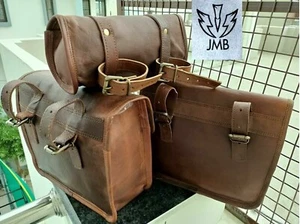Real Brown Goat Leather COMBO Motorcycle Saddle Bag Panniers Tool Pouch Side Bag - Bild 1 von 16