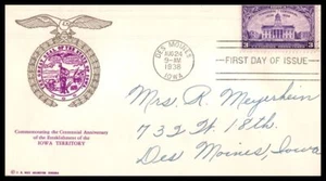 1938 IOWA centennial 100th anniv. Sc 838-46b FDC with F. R. Rice cachet (07F - Picture 1 of 1