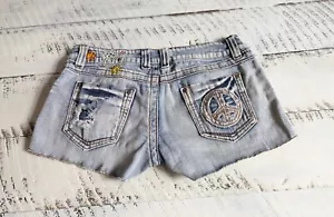 Pantaloncini da parete taglia 5 denim lavaggio chiaro fiori invecchiati segno di pace taglio - Foto 1 di 8