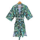 Cotton Kantha Jacket Kimono Green Leaf Robe Bathrobe Nightgown Coat With Pockets