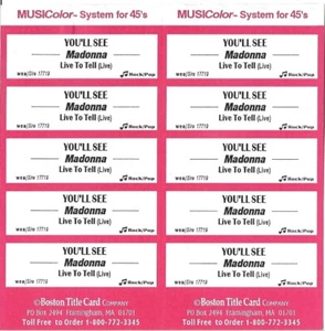Jukebox Title Strip Sheet - Madonna: "You'll See" / "Live To Tell (Live)" - 1996 - Picture 1 of 1