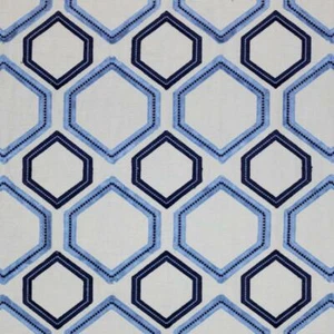 Fringe Benefits Navy Blue White Cotton Viscose Embroidered Geometric Drapery Fab - Picture 1 of 1