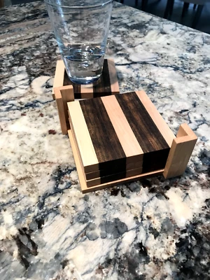 4 Exotic Wood Coaster Set w Stand - Image 1 of 2