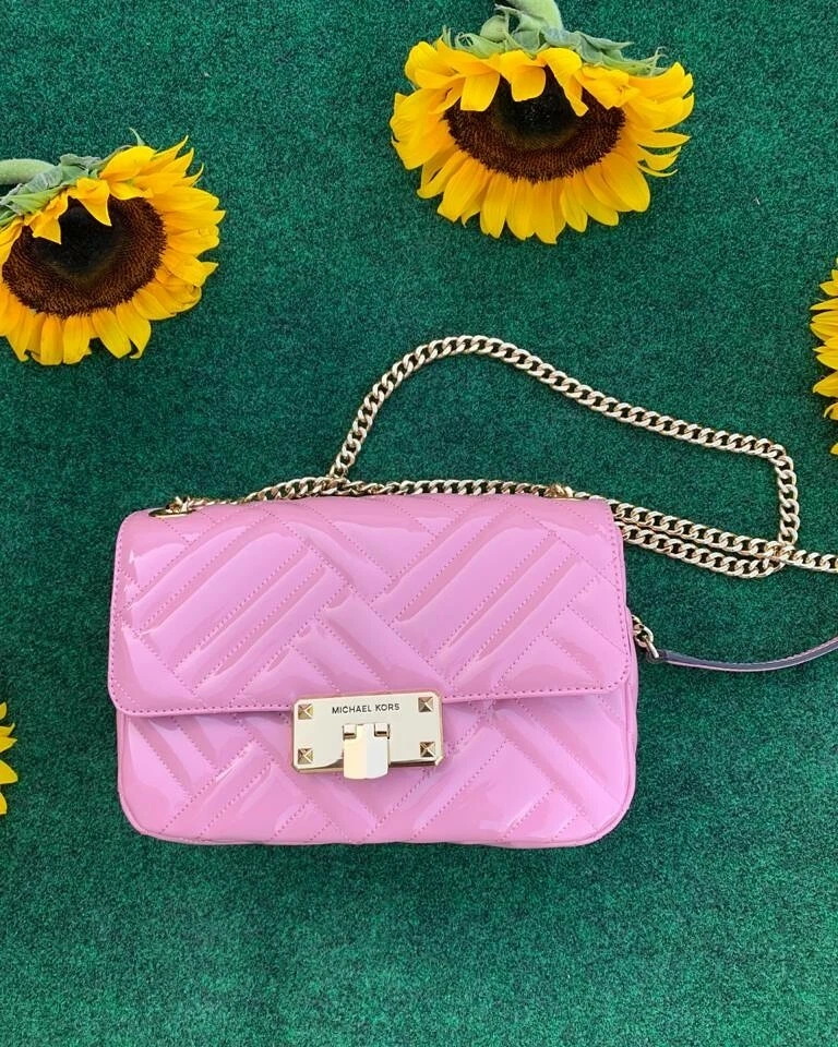 Michael Kors Peyton Shoulder Vegan Faux Patent Leather Bag Pink Carnation