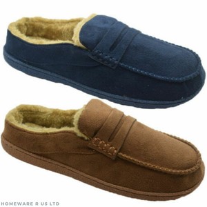 MENS FUR SLIP ON SUEDE SLIPPERS HARD SOLE BROWN NAVY SIZE 10 11 12 NEW ENGLAND