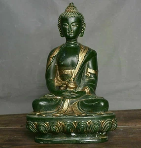 8" Old China Green Jade Gilt Shakyamuni Sakyamuni Amitabha Buddha Jar Statue - Picture 1 of 9