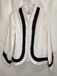 Victor Costa Occasion White Zip Jacket Black Embroidered Tape Edged Large - Picture 1 of 6