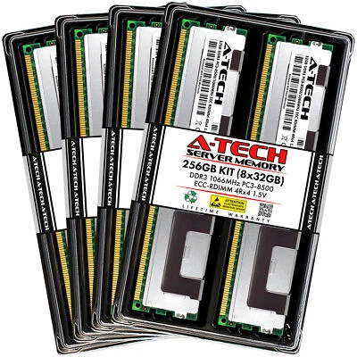 A-Tech 256GB 8x 32GB 4Rx4 PC3-8500R DDR3 1066MHz ECC REG RDIMM Server Memory RAM - Image 1 of 4