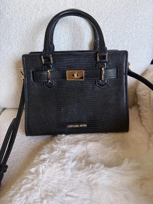 MICHAEL KORS HAMILTON SMALL EXOTIC EMBOSSED SATCHEL SHOULDER CROSSBODY BAG BLACK - Image 1 of 4