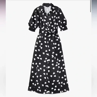 Nuevo Vestido Kate Spade NY Negro Satinado Brillo Cinturón con Corazones Blancos Dispersos 6 Foto 1 de 4