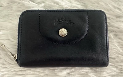 Cartera compacta Longchamp de cuero azul marino con cremallera alrededor rara difícil de encontrar Foto 1 de 4