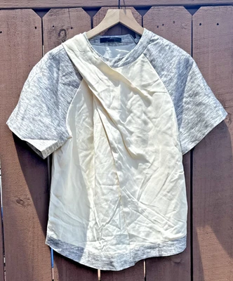 Alexander Wang Size 8 Cream Gray S/S Color Block Bib Front Back Zip Tee Shirt - Image 1 of 4