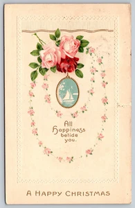 Antique Postcard Happy Christmas Roses Sailboat Embossed Posted c1910 Maryland - Picture 1 of 2