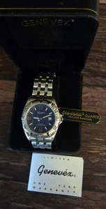 New Vintage Genevex Mens Silvertone Quartz Watch In Box Needs Battery - Picture 1 of 3