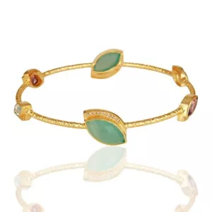 Handmade Textured 18k Yellow Gold Plated Multi Stone Bangle For Anniversary Gift - Picture 1 of 4
