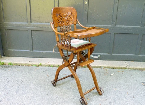 Oak Collapsible Folding High Chair Stroller Pressed Back Childs c1900 Antique #1 Cover