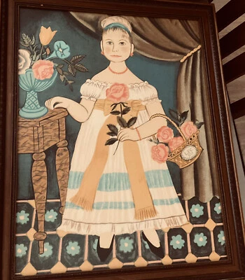 "Imagen primitiva vintage, cesta de niña, enmarcada profesionalmente, vidrio mate 25x20""" Foto 1 de 4