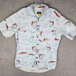 Cabela's Fishing Shirt Mens Medium Blue Trout Print Pockets Vented Button Up - Picture 1 of 10