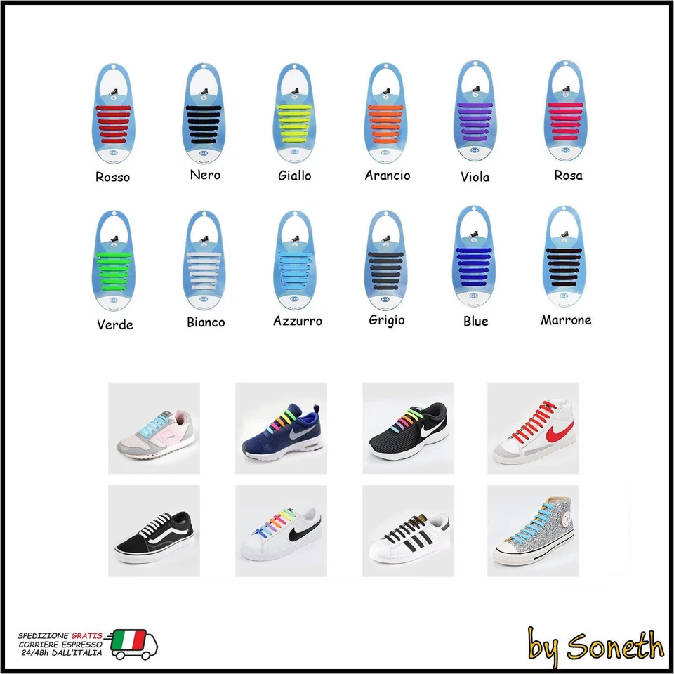 LACCI ELASTICI COLORATI IN SILICONE PER SCARPE SENZA NODI VARI COLORI - 16 LACCI - Immagine 1 di 1