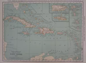 Vtg 1921 CARIBBEAN WEST INDIES Map. JAMAICA, CUBA Neutral Colors Tan, Turquoise. - Picture 1 of 10